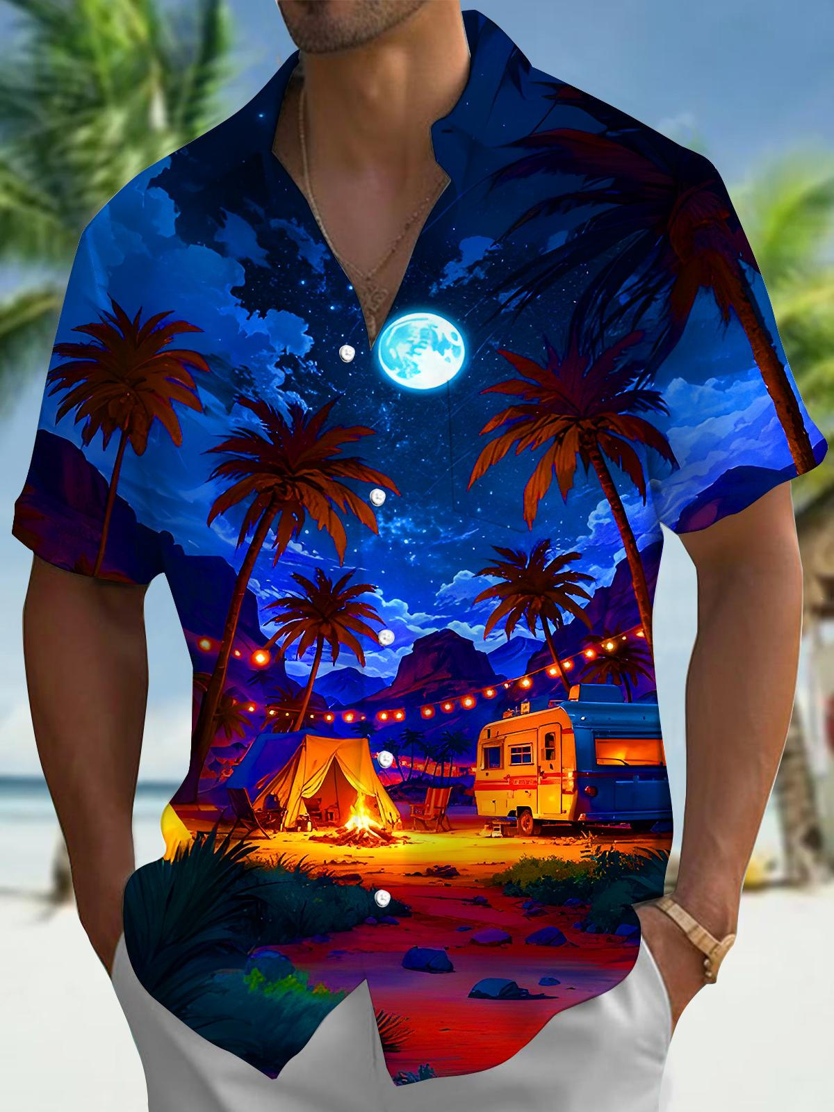 Hawaiian Coconut Tree Campfire Tent RV Moon Men's Pocket Short Sleeve Shirts