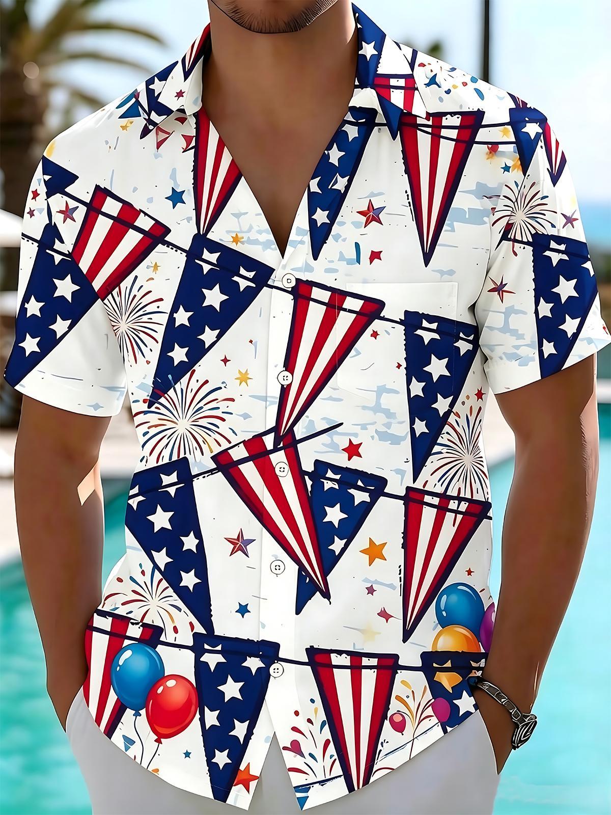 Independence Day Red White Blue Star Pennant Balloon Firework Fresh Men's Pocket Short Sleeve Shirts