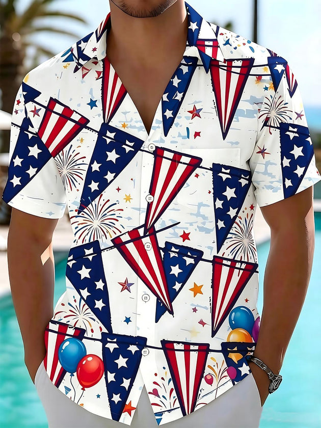 Independence Day Red White Blue Star Pennant Balloon Firework Fresh Men's Pocket Short Sleeve Shirts