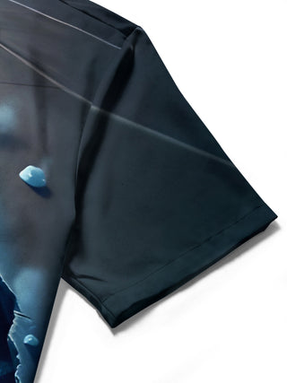 men's shark print shirt close-up short sleeve