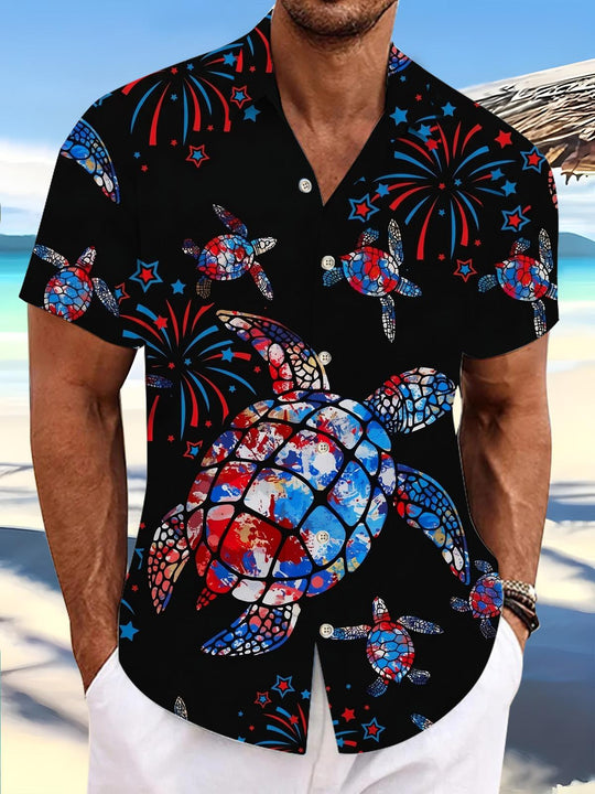 Independence Day American Flag Turtle Print Men's Pocket Short Sleeve Shirts