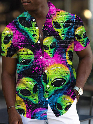 Men's short sleeve alien print pocket shirt front view