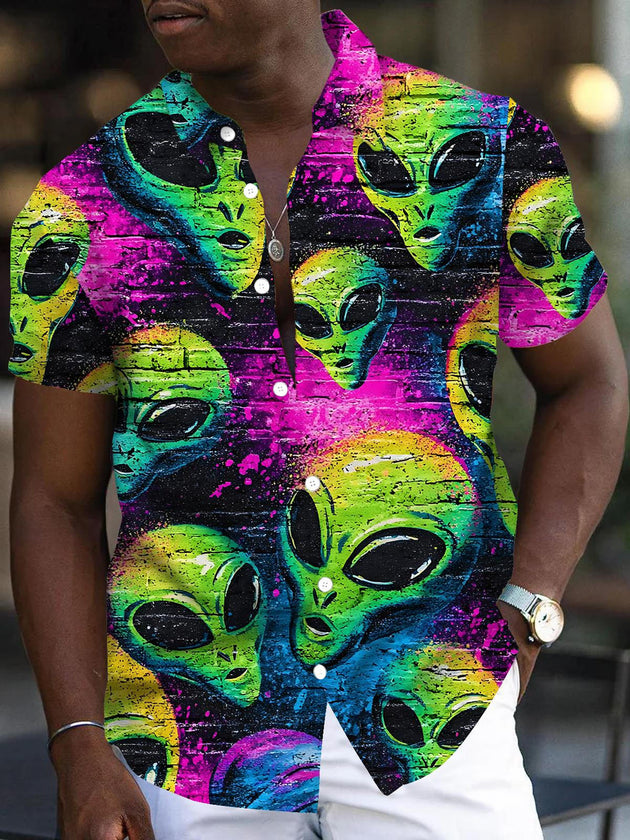 Men's short sleeve alien print pocket shirt front view