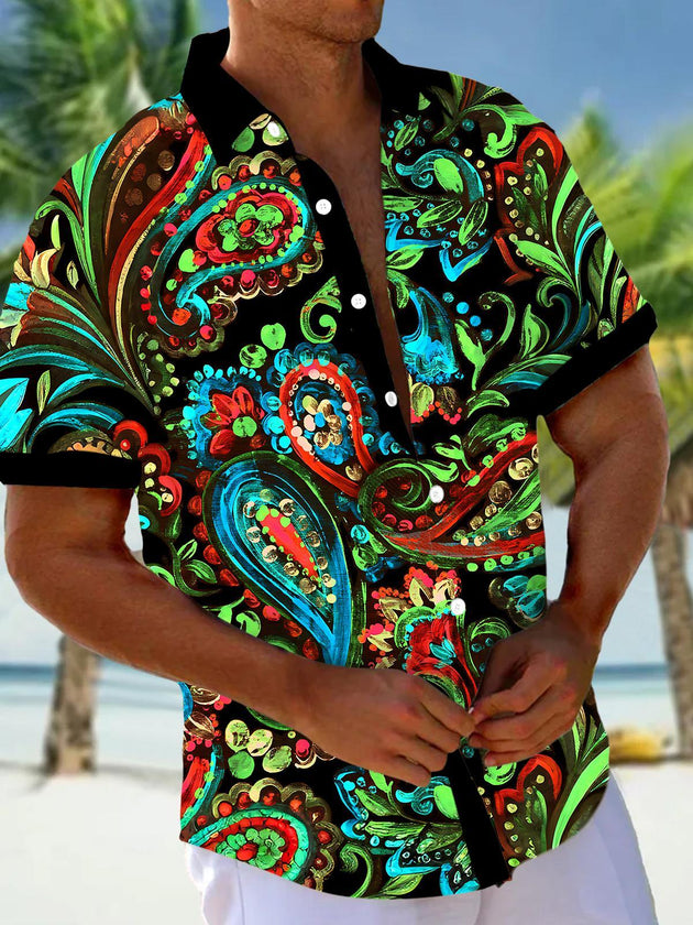 Paisley Leaf Floral Men's Pocket Short Sleeve Shirts