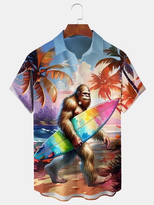 Men's Hawaiian Beach Coconut Tree Bigfoot Print Short Sleeve Shirt Front View for Coastal Vacation