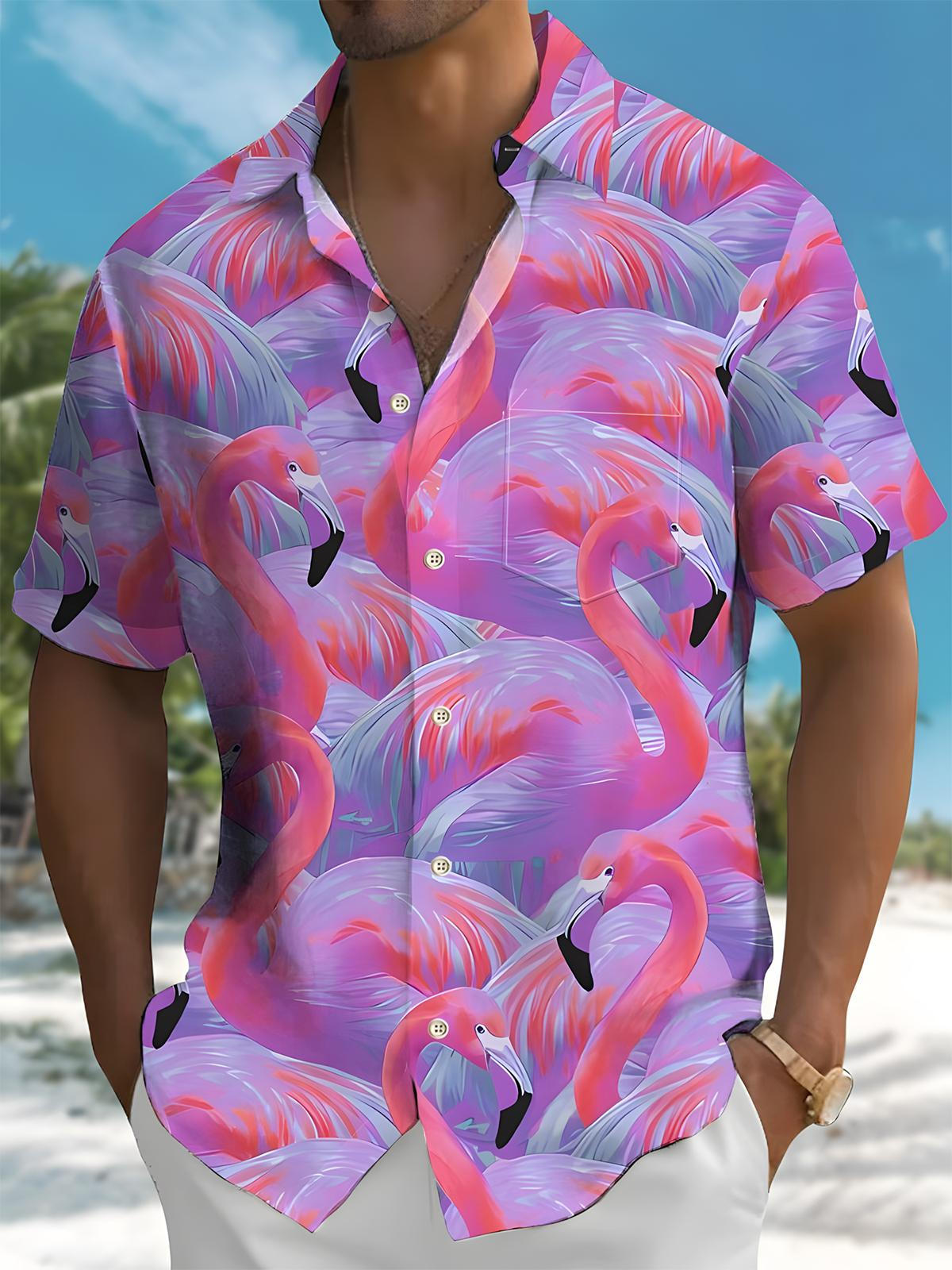 Flamingo Print Men's Pocket Short Sleeve Shirts