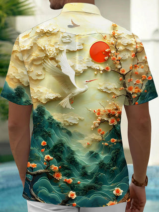 Men's floral cranes short sleeve shirt back view