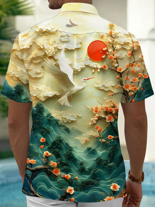 Men's floral cranes short sleeve shirt back view