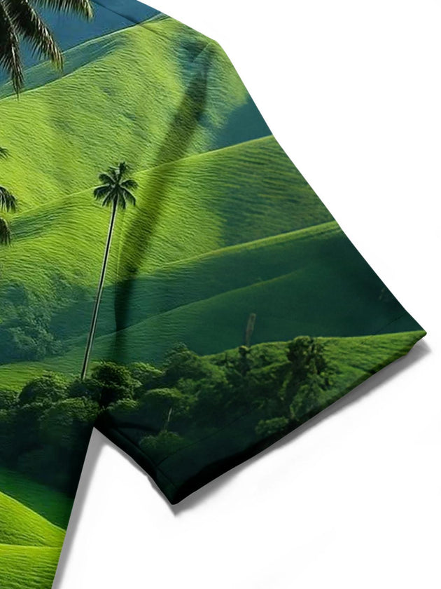 men's palm tree print shirt close-up short sleeve
