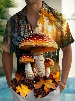 Men's autumn mushroom maple leaf print short sleeve shirt front view