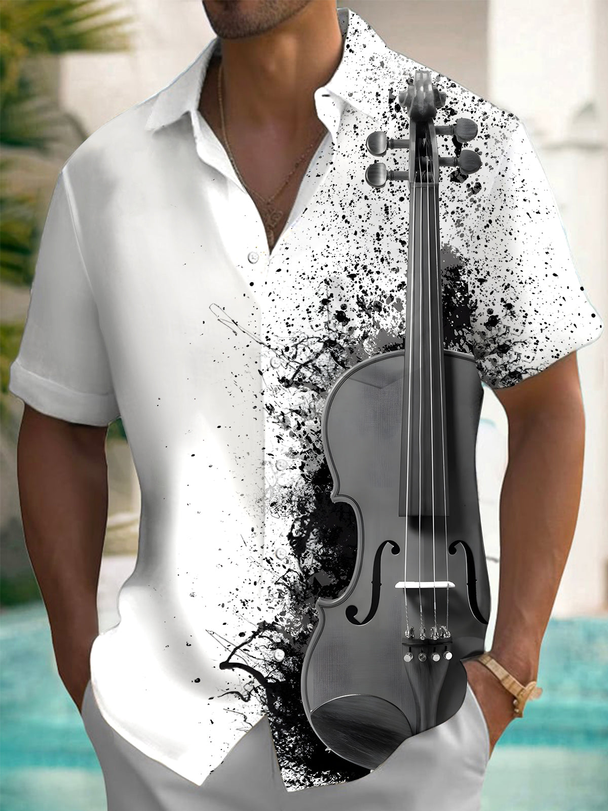 Violin Print Men's Pocket Short Sleeve Shirts