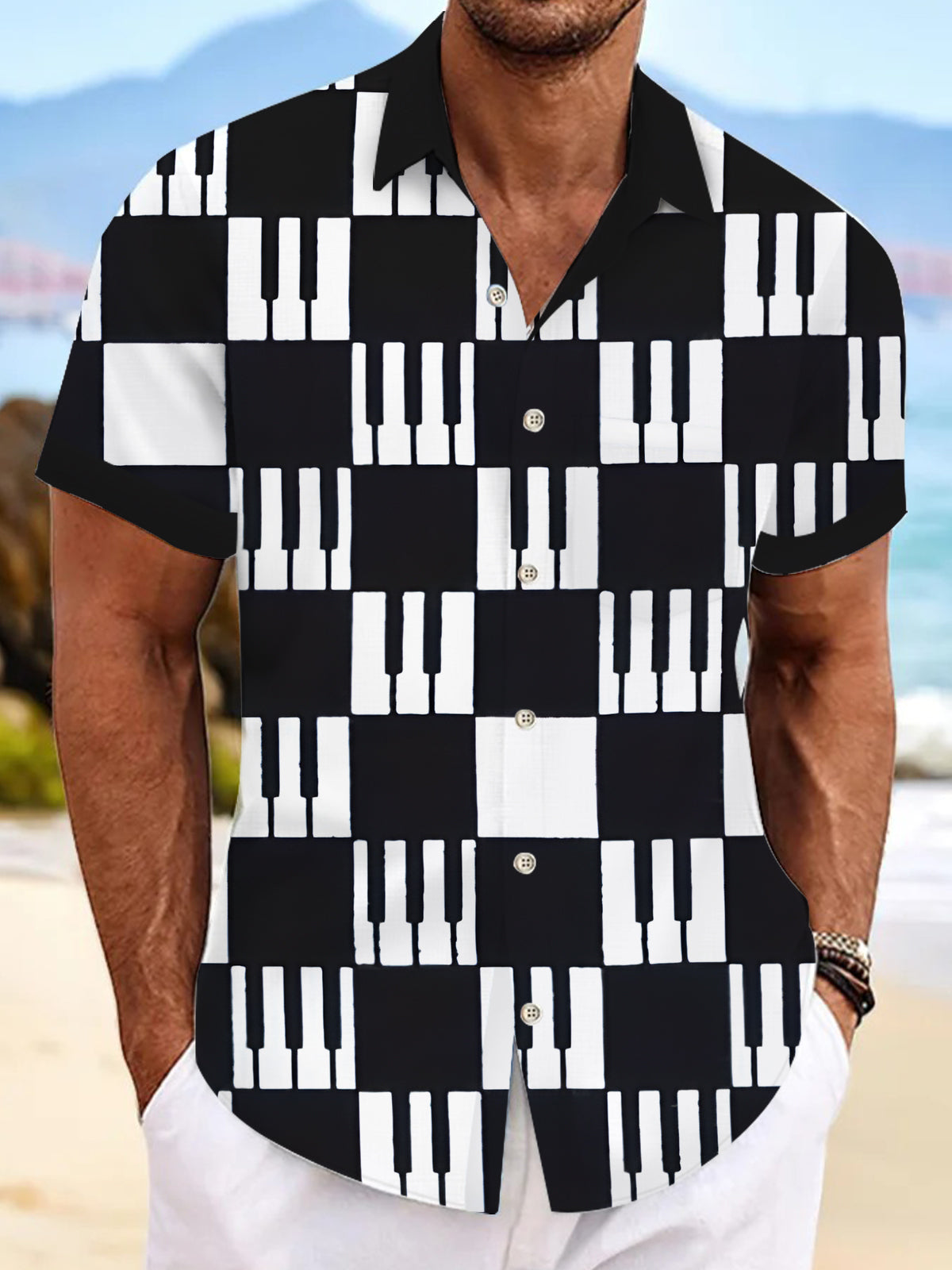 Piano Key Print Men's Pocket Short Sleeve Shirts