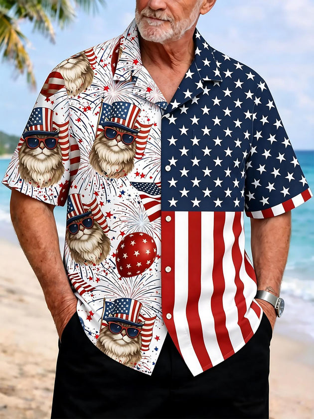 Men's American flag print Cuban collar short sleeve shirt front view for Independence Day
