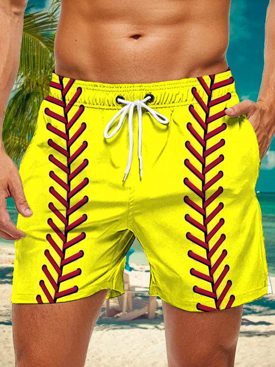 Men's casual baseball print pocket shorts front view