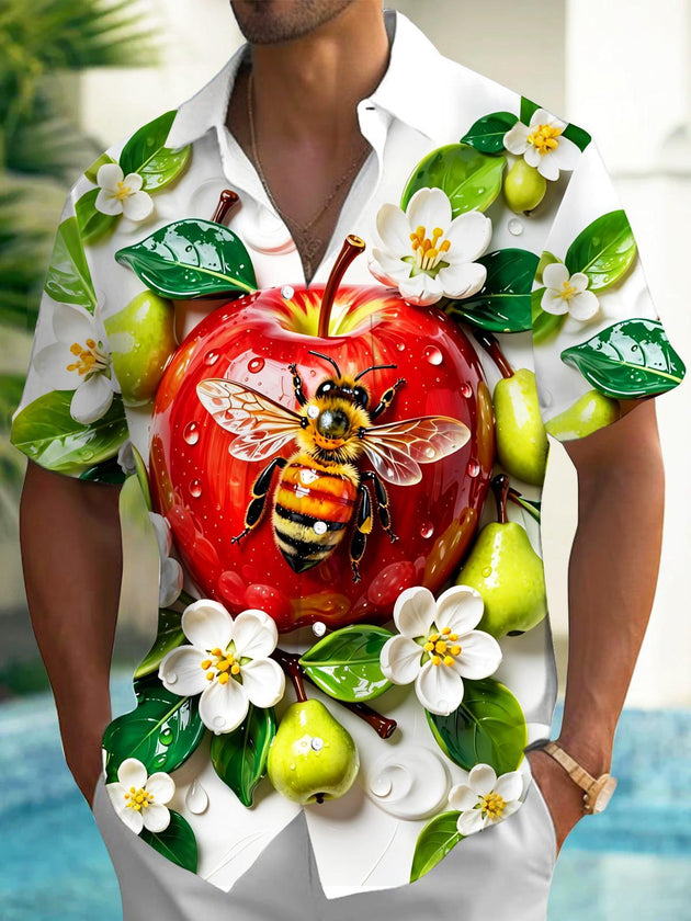 Red Apple Bee And Flowers Men's Pocket Short Sleeve Shirts