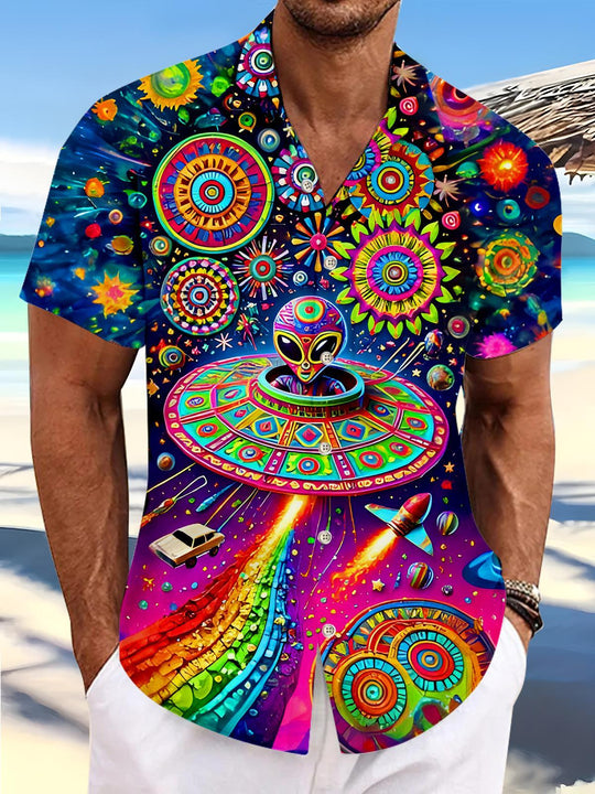 Psychedelic Colorful Hippie Alien UFO Men's Pocket Short Sleeve Shirts