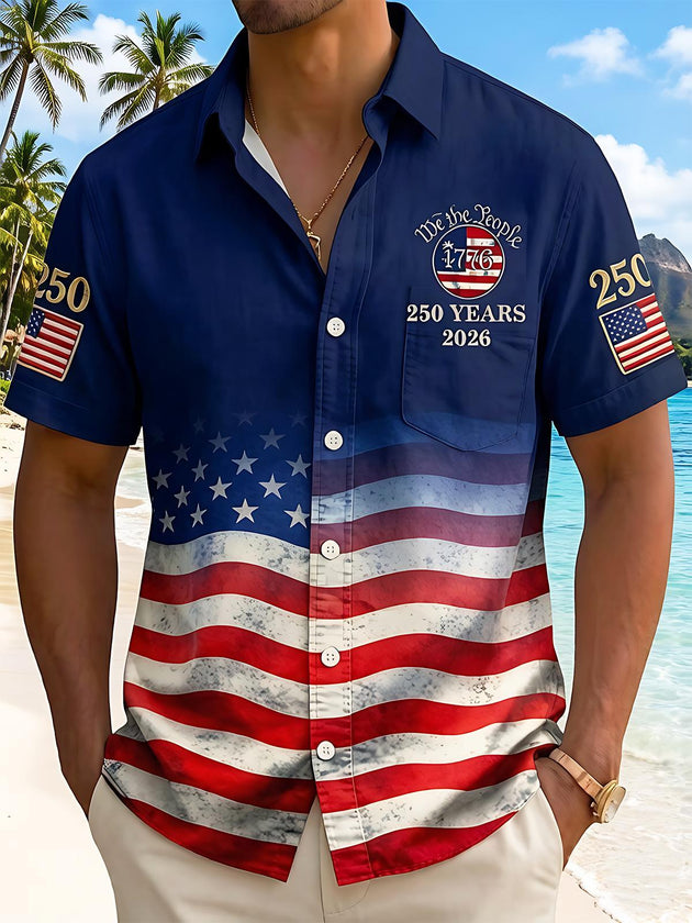 American Flag USA 250th Anniversary 1776-2026 Men's Pocket Short Sleeve Shirts