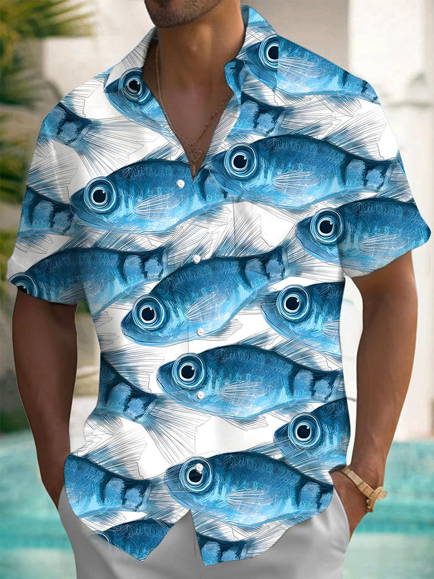 Men's Fish Print Pocket Short Sleeve Shirt Front View