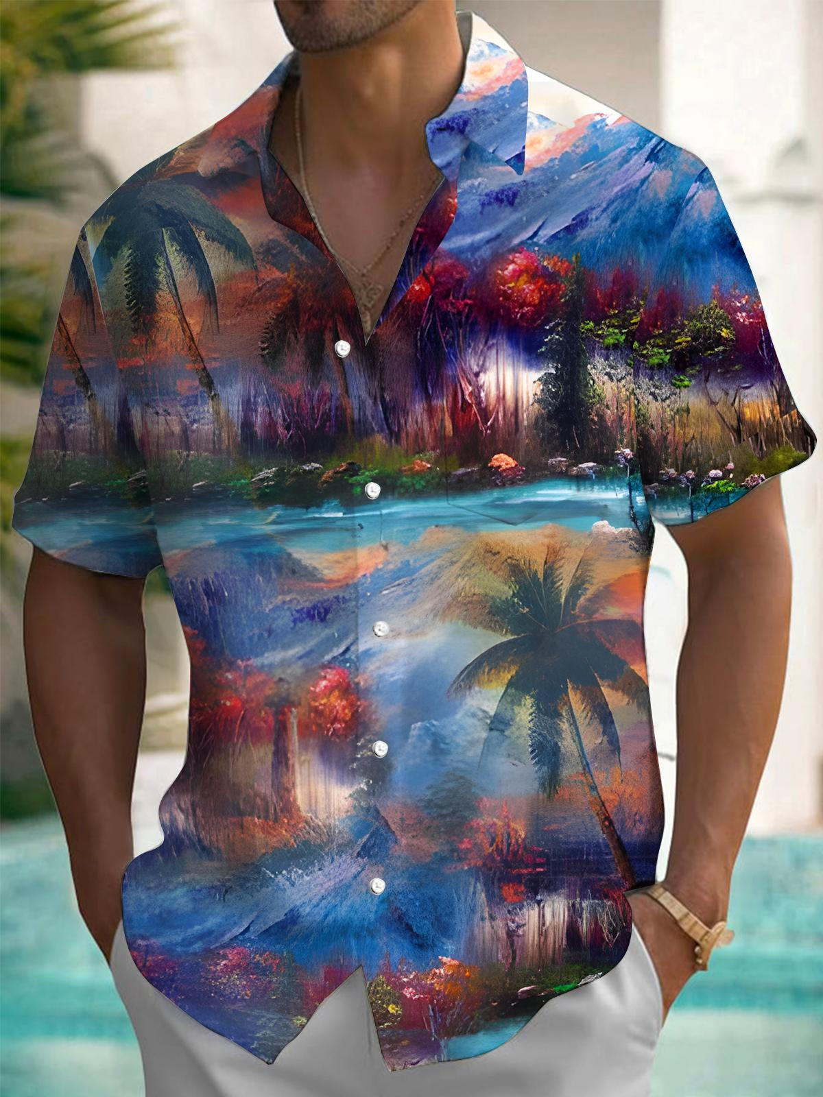 Plant Coconut Tree Print Men's Pocket Short Sleeve Shirts