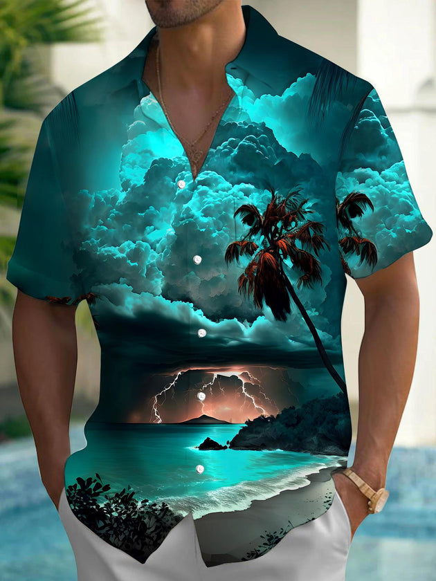 Men's blue Hawaiian short sleeve shirt front view for beach vacation