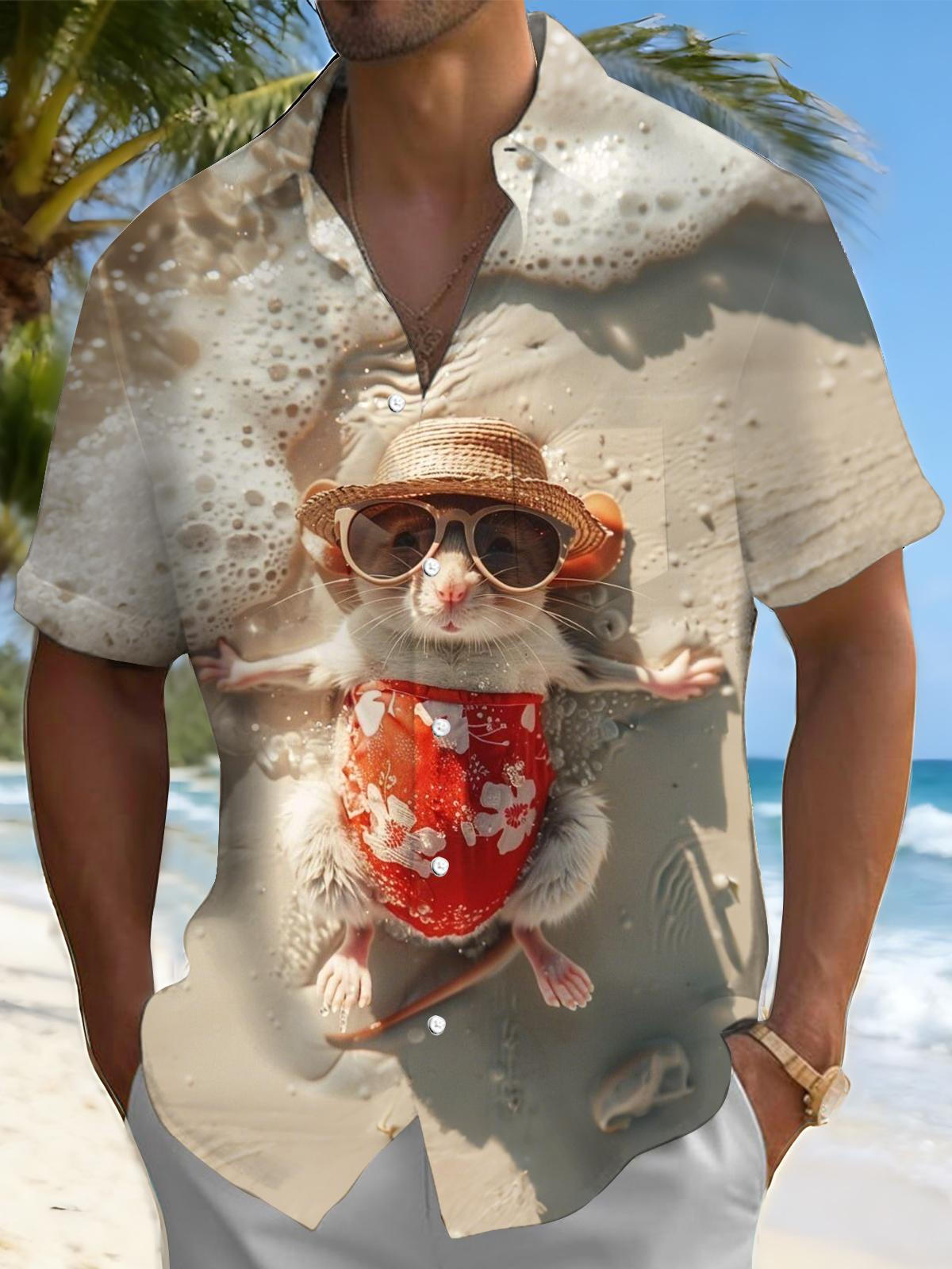 Hawaiian Beach Mouse Print Men's Pocket Short Sleeve Shirts