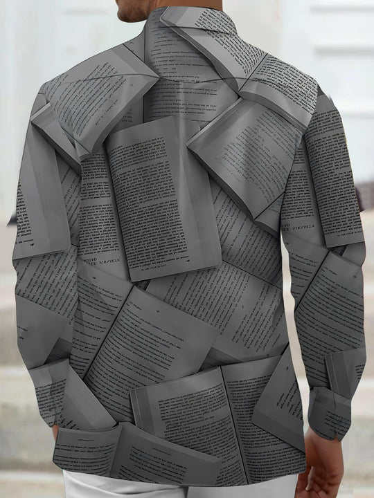 Men's black book print long sleeve shirt back view