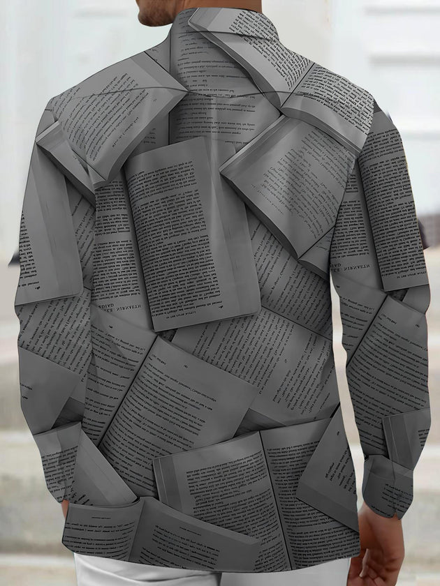 Men's black book print long sleeve shirt back view