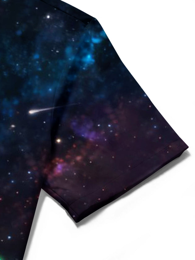 Men's alien print pocket short sleeve shirt close-up detail view
