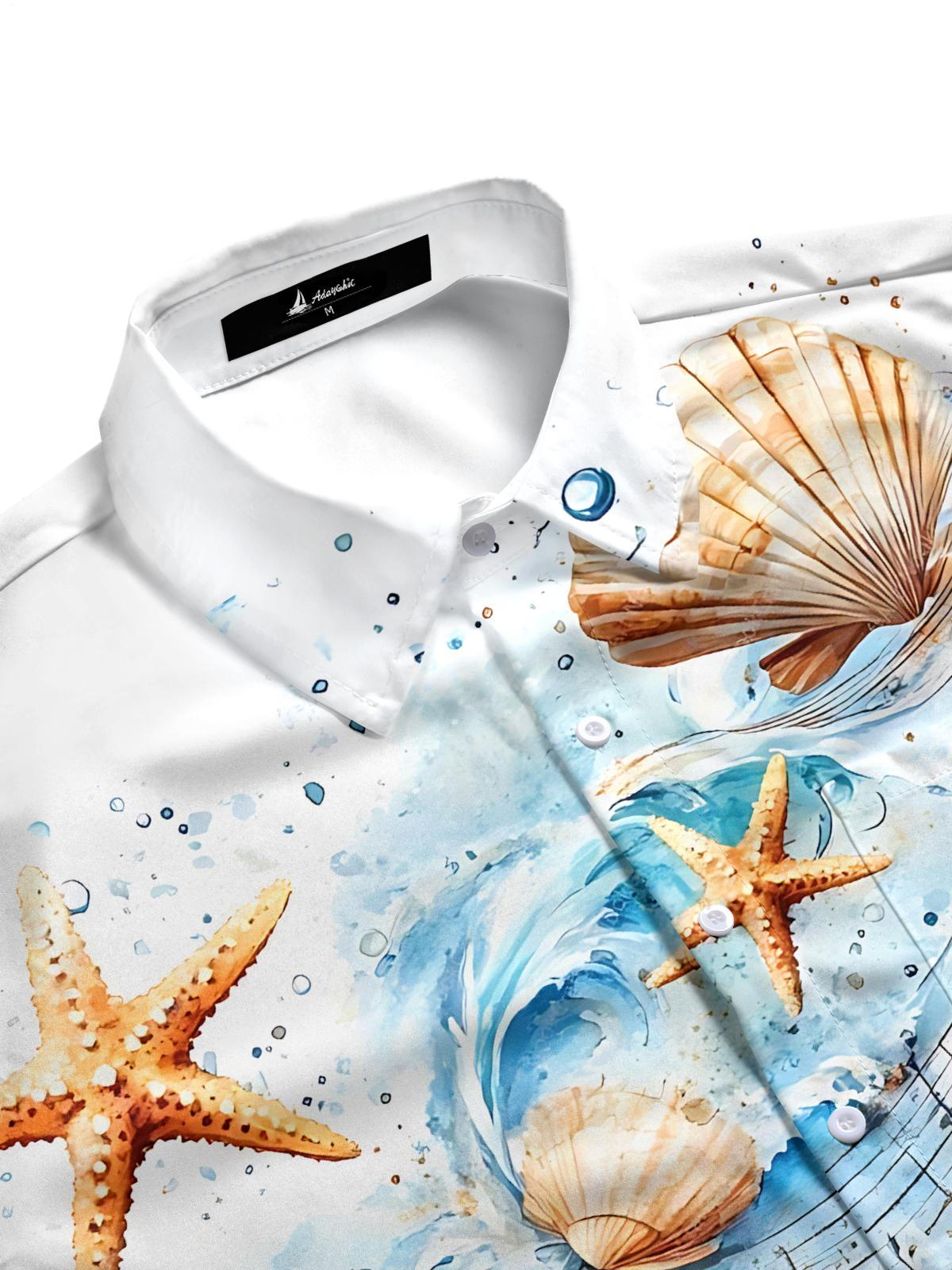 Ocean Shell Note Print Men's Pocket Short Sleeve Shirts
