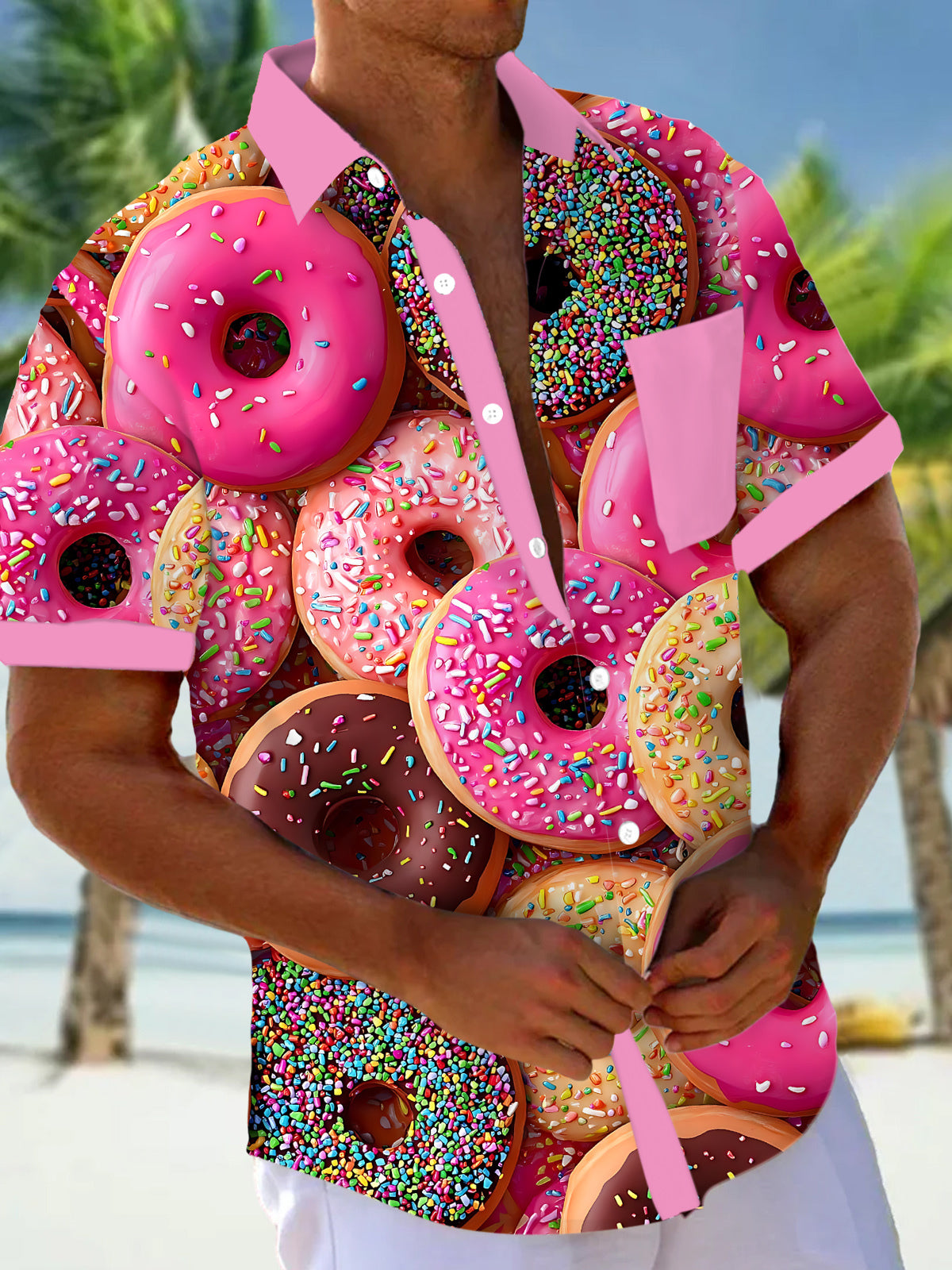 Donut Print Men's Pocket Short Sleeve Shirts