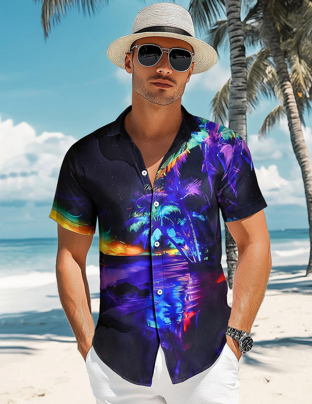 Adaychic Men Beach Shirts Tree Hawaiian Button Up Summer Casual Shirts Loose Fit Vacation Clothes for Beach Vacation Dating calm