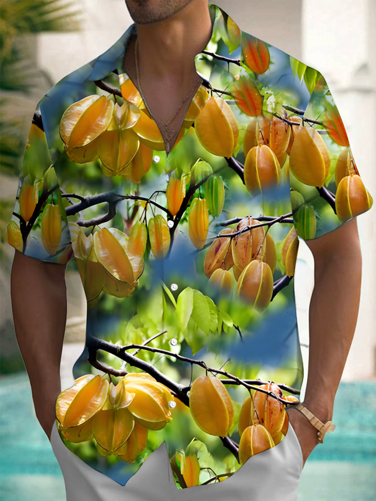 Carambola Print Men's Pocket Short Sleeve Shirts