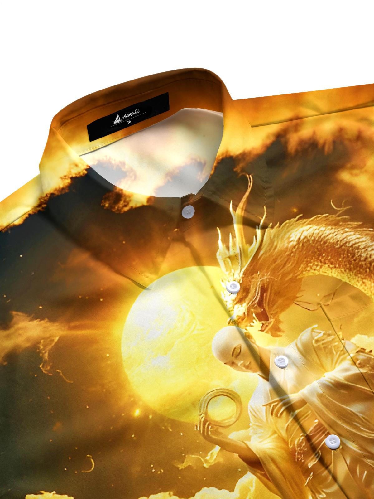 Art Gilded Dragon Auspicious Symbols Men's Pocket Short Sleeve Shirts