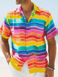 Colorful Striped Print Men's Pocket Short Sleeve Shirts