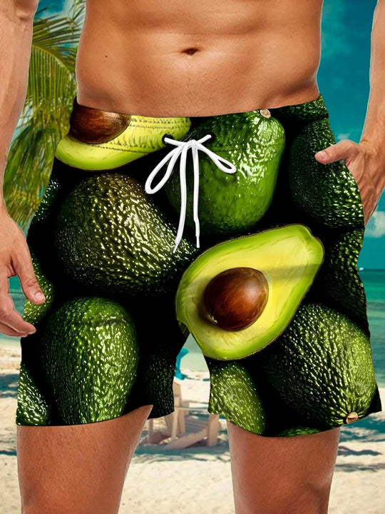 Men's avocado print pocket casual shorts front view