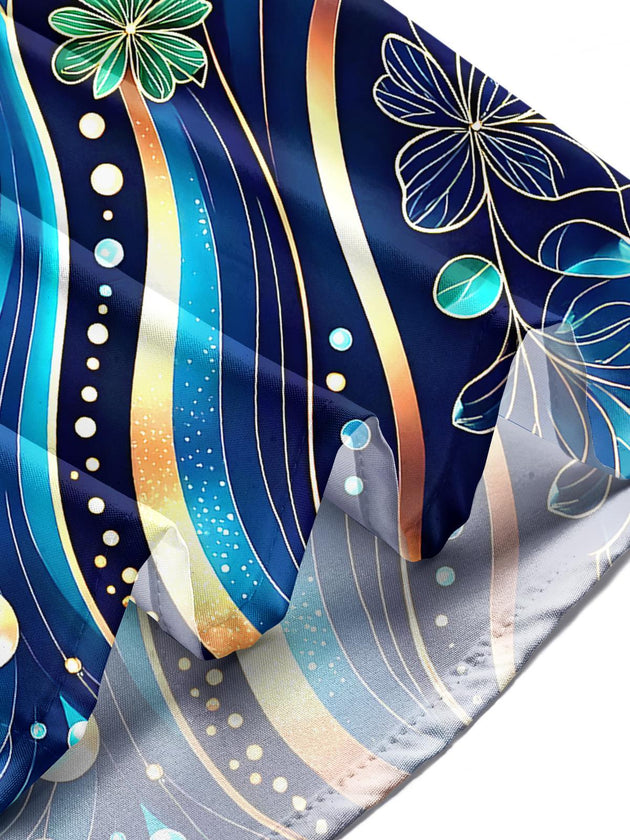 Men's Hawaiian abstract floral short sleeve shirt flat lay pattern detail