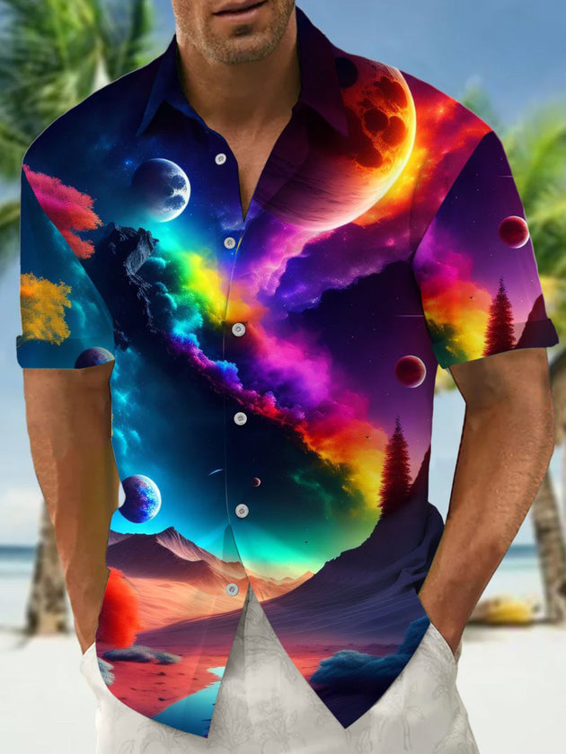 Men's cosmic planet print pocket short sleeve shirt front view
