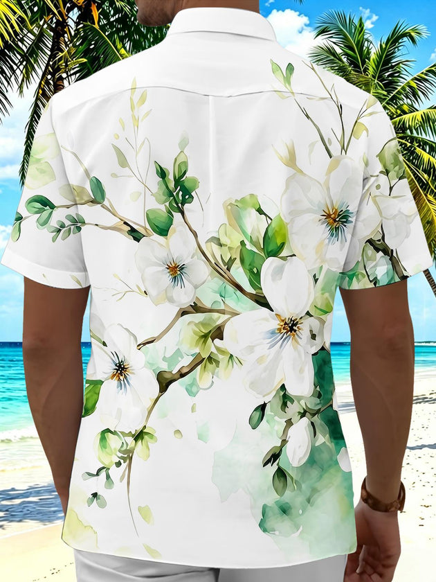 Art Watercolor White Flowers Green Leaves Men's Pocket Short Sleeve Shirts