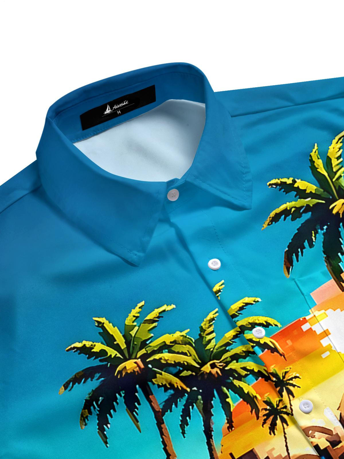 Hawaiian Coconut Tree Skull Men's Pocket Short Sleeve Shirts