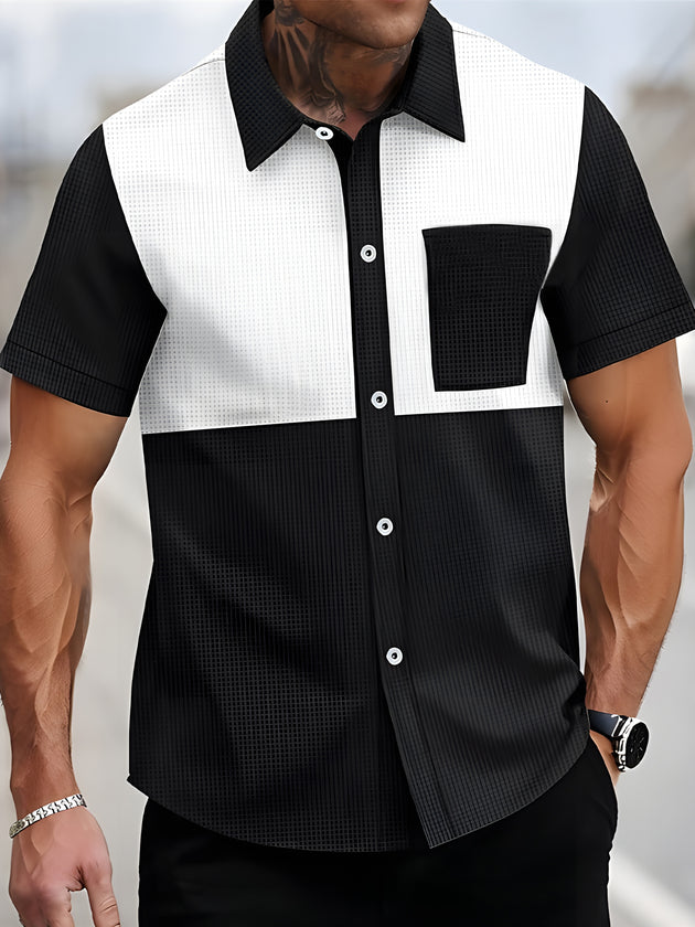 men black and white color block short sleeve pocket shirt front view