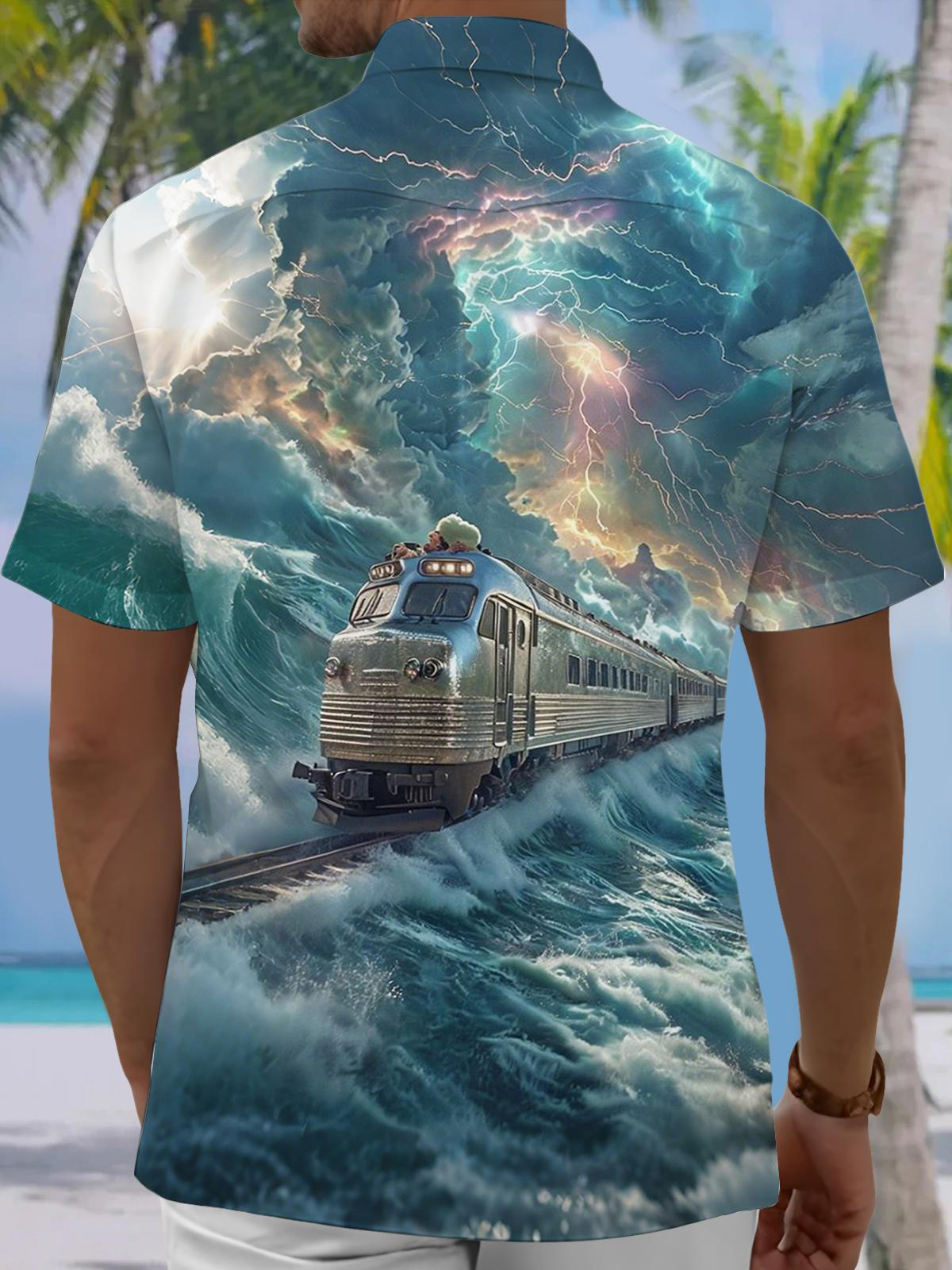 Ocean Train Print Men's Pocket Short Sleeve Shirts