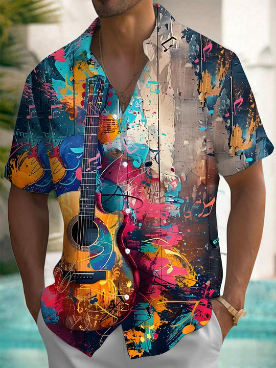 Men's Guitar Oil Painting Print Pocket Short Sleeve Shirt Front View