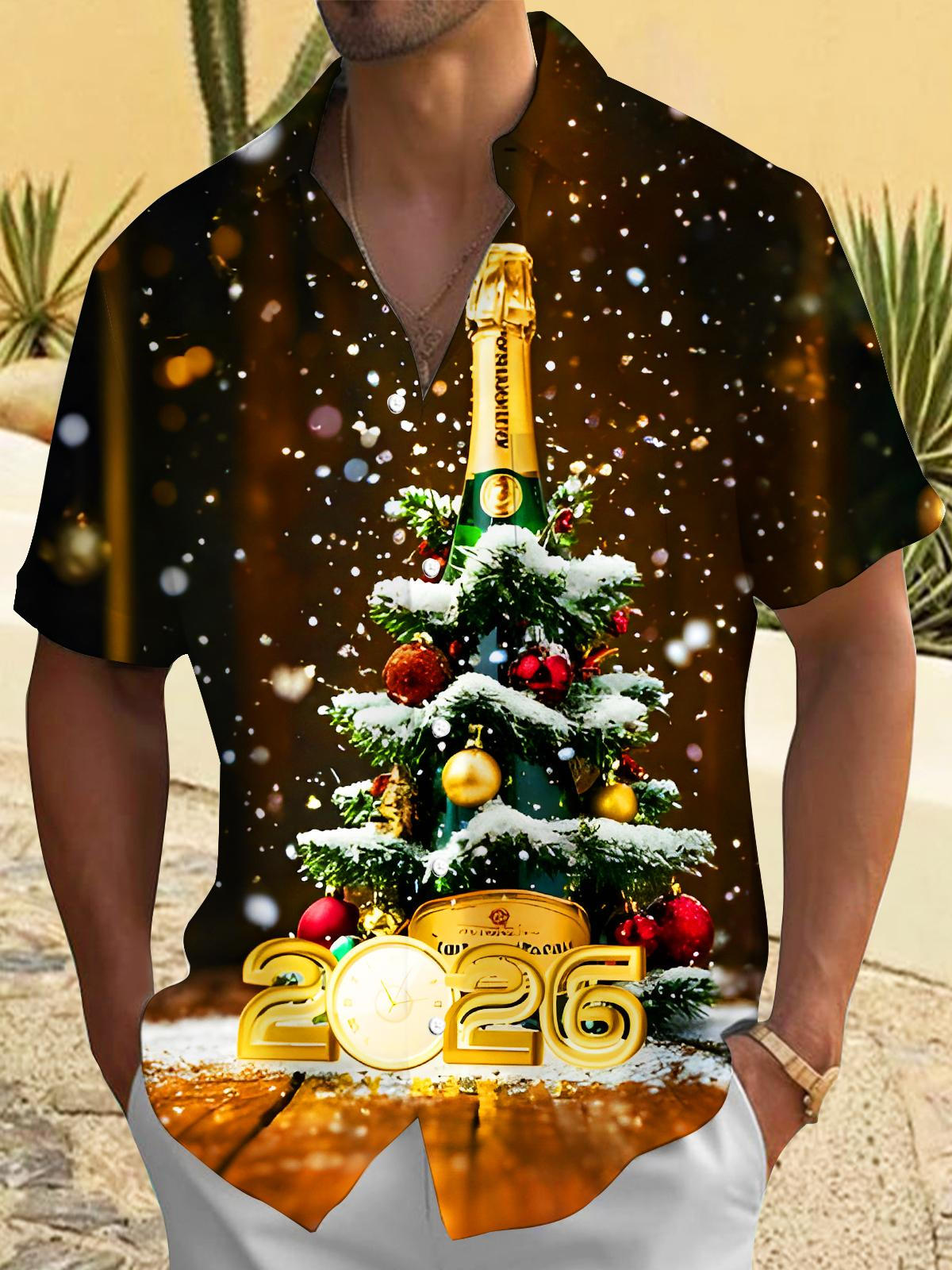 Fun Festive New Year Christmas Tree Decorations Wine Bottle Men's Pocket Short Sleeve Shirts