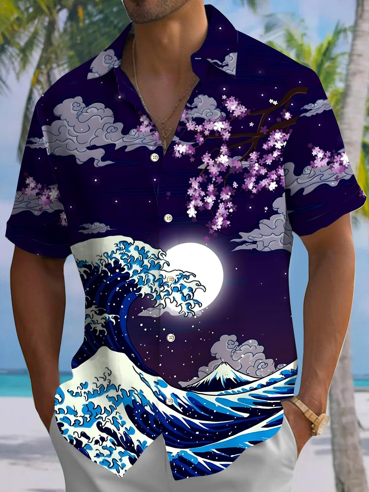 Sea Waves Moon Men's Pocket Short Sleeve Shirts