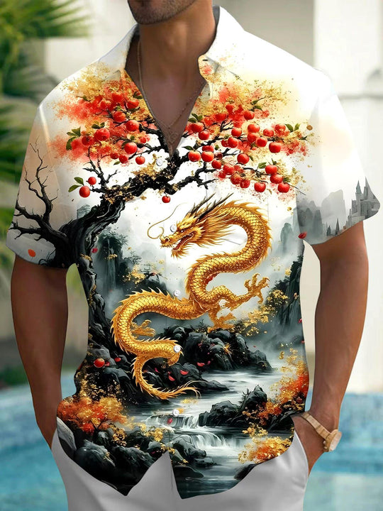 Men's dragon print pocket short sleeve shirt back view
