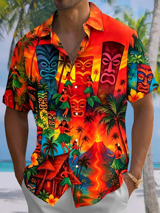 Adaychic Tiki Mask Hula Dancer Print Matching Couple Short Sleeve Button Down Shirts