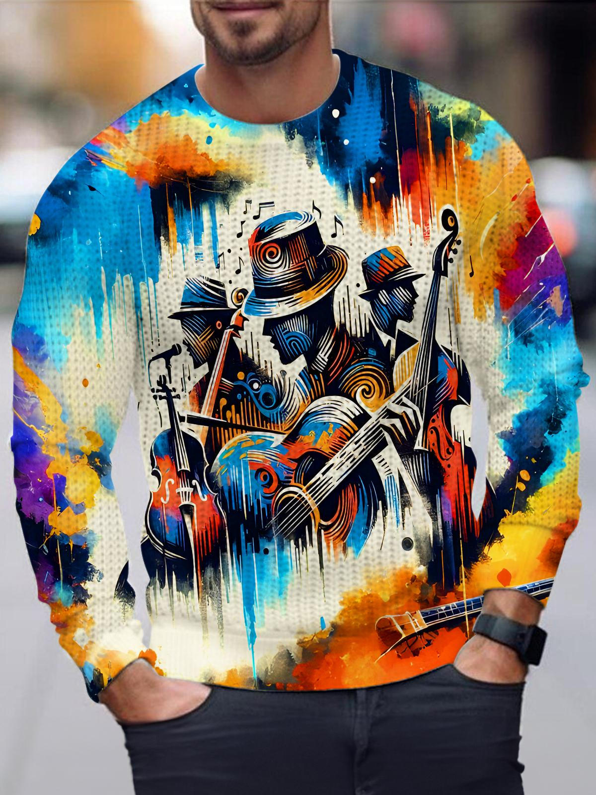 Tie Dye Gradient Music Band Instruments Men's Long Sleeve Round Neck Tops
