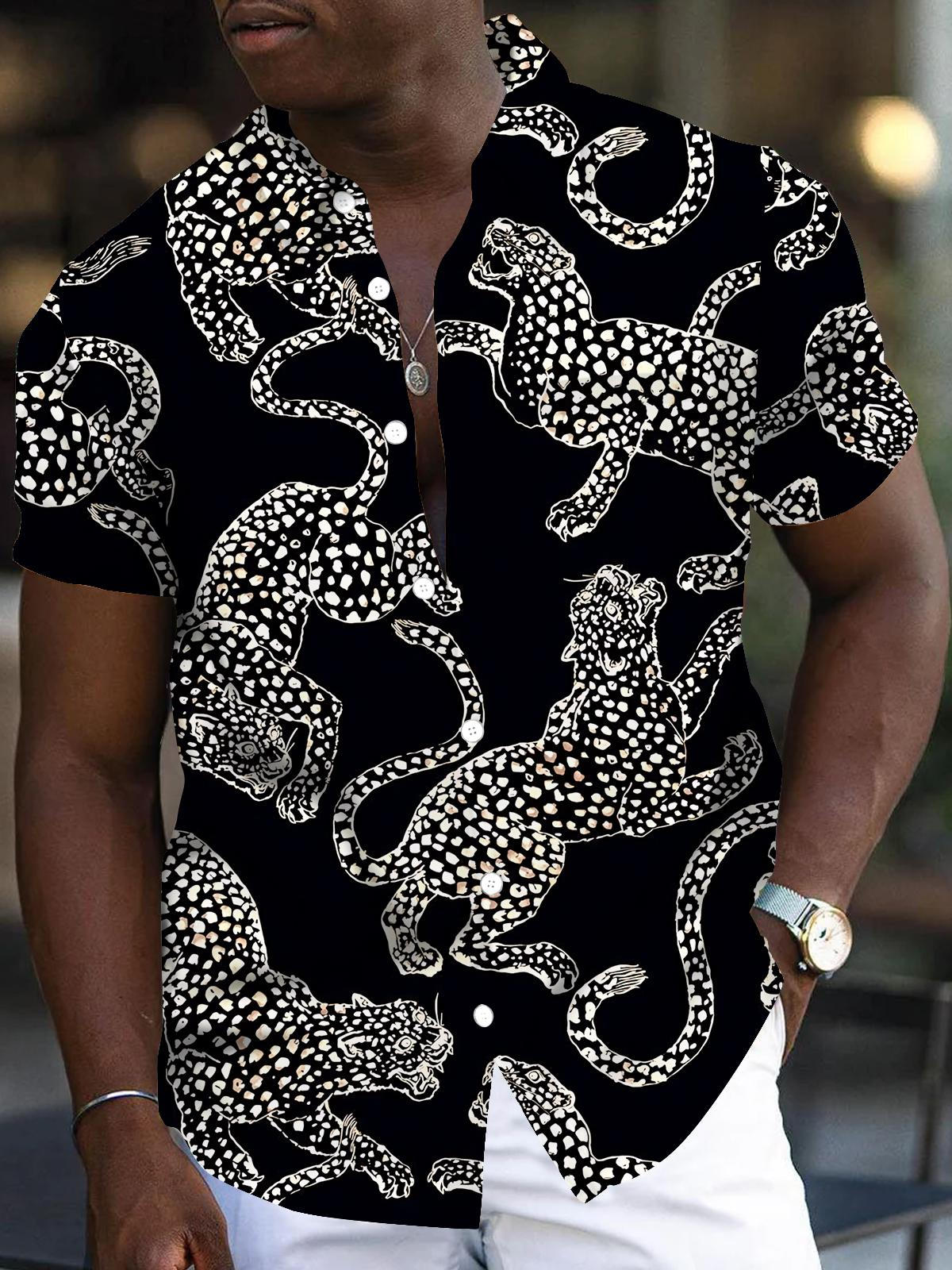 Black White Leopard Print Men's Pocket Short Sleeve Shirts