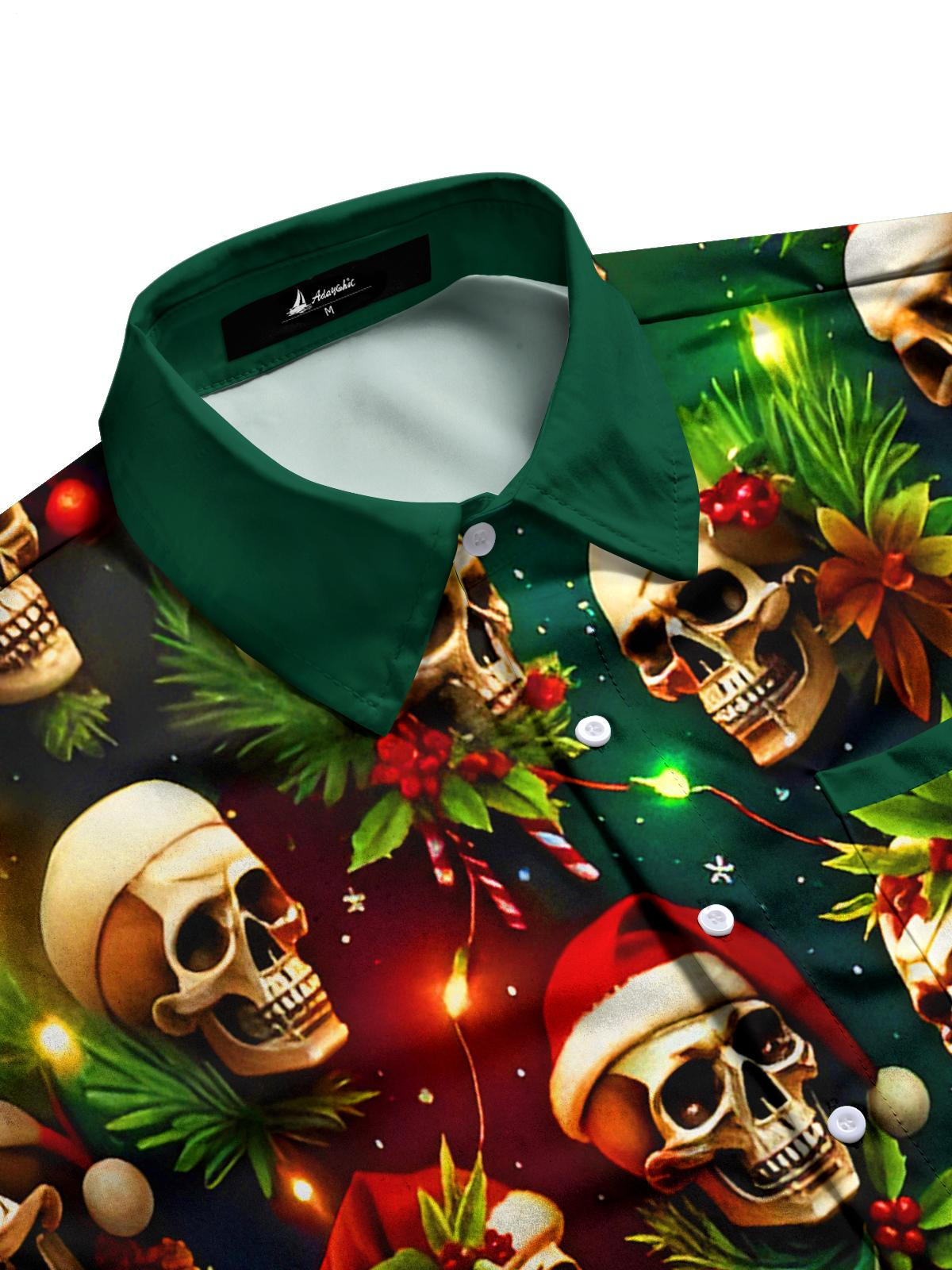 Funny Christmas Hat Skull Lights Xmas Men's Pocket Long Sleeve Shirts