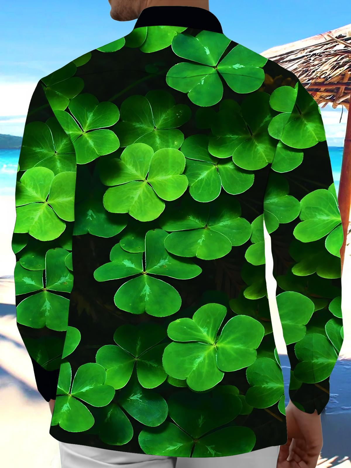 Four Leaf Clover Print Men's Pocket Long Sleeve Shirts